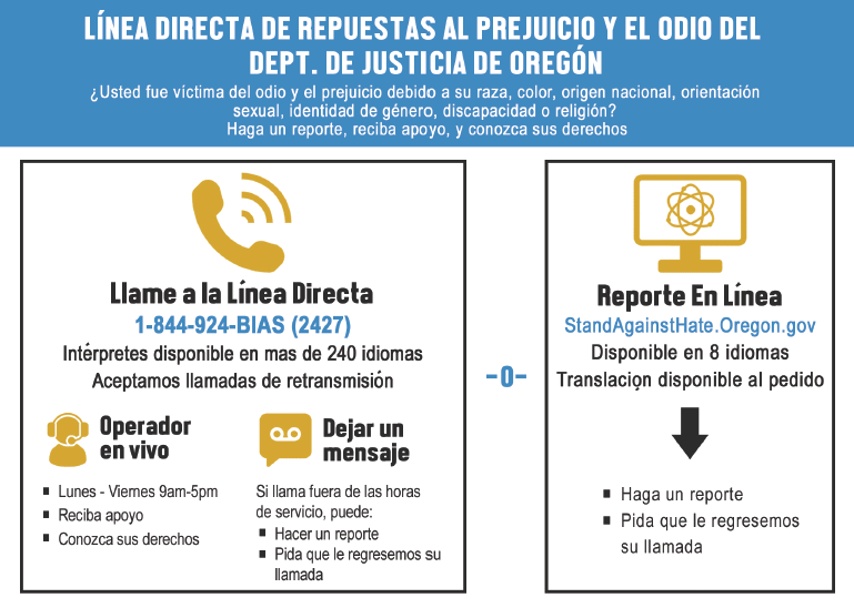 Information for reporting to bias hotline in Spanish