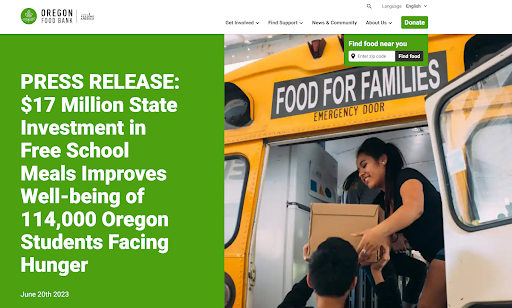 Image of a school bus next to words that say: $17 Million State Investment Improves Well-being of 114,000 OR Students Facing Hunger  