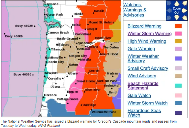 Map of expected weather coming into Oregon and SW Washington this week.