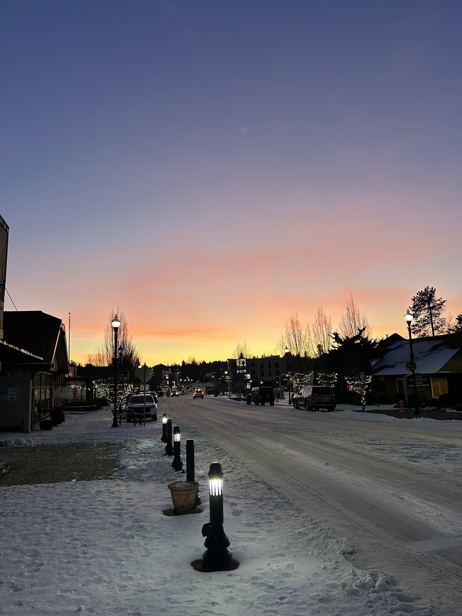 Downtown Tigard at sunset this past week during a brief break from the snowstorm.