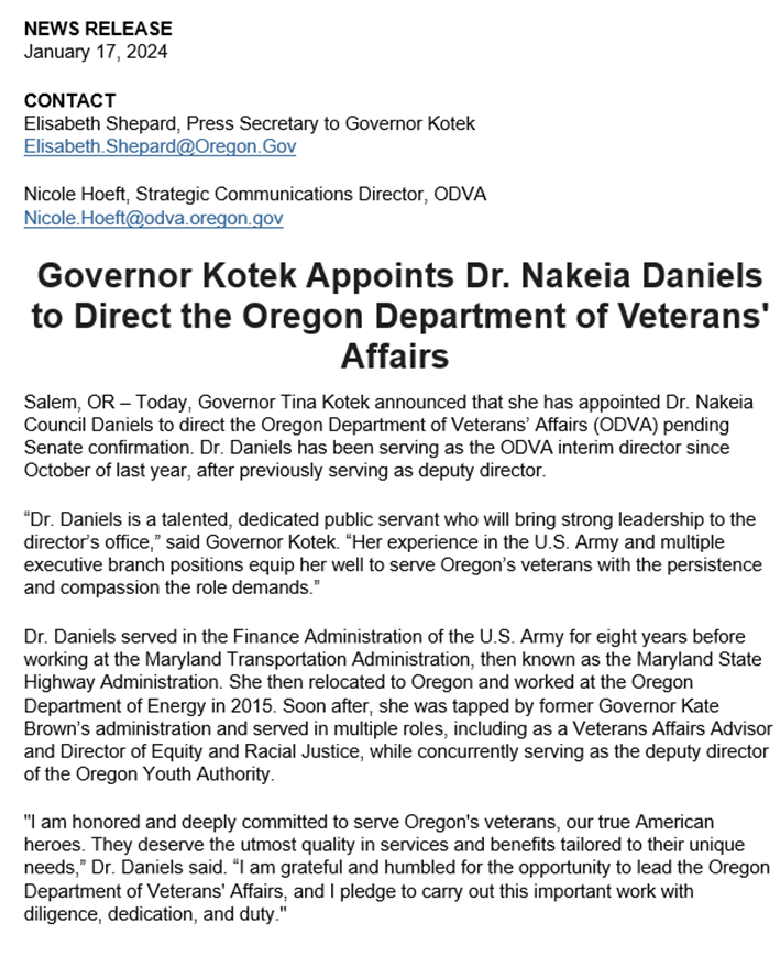 Governor Appointment of Dr Nakia Daniels Press Release