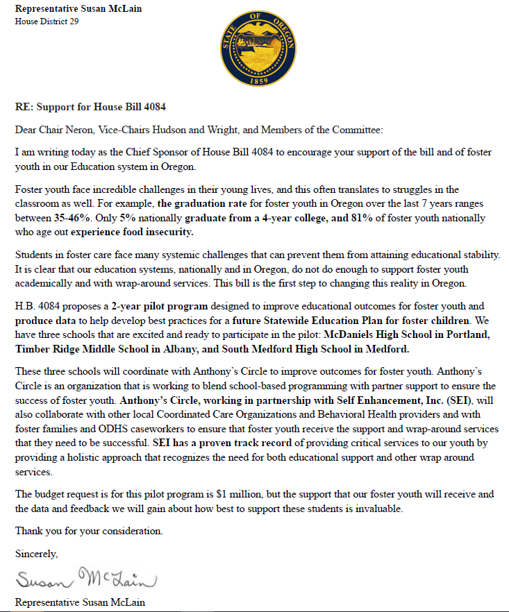Letter from Rep. McLain on Foster Youth support