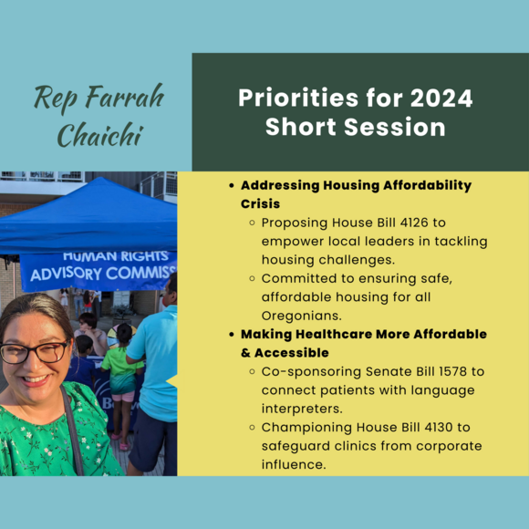 Image of Rep. Chaichi with list of priorities