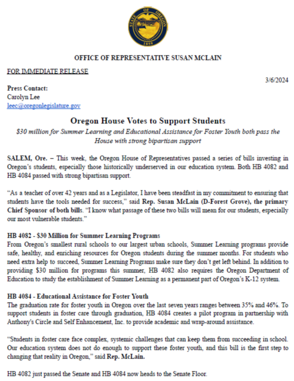 Press release on HB 4082 and HB 4084