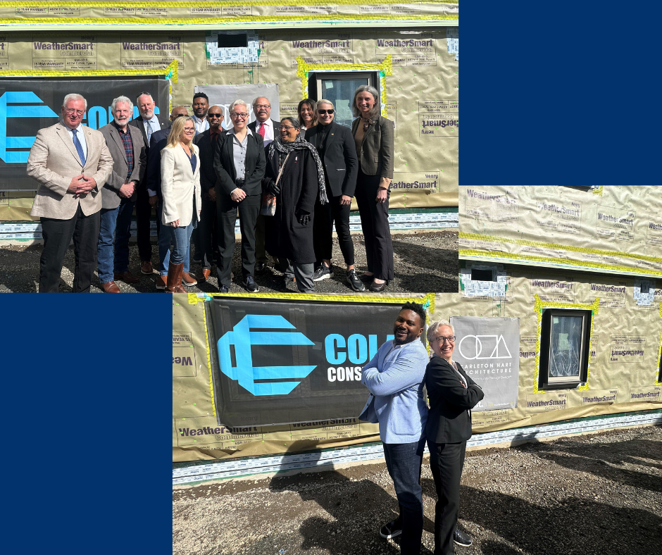 Group photo of Rep Nelson and other legislators outside housing development; RepNelson and gov Kotek in front of housing development