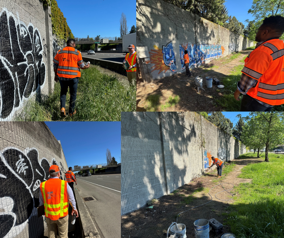 multiple photos of rep nelson painting and examining the graffiti along I5