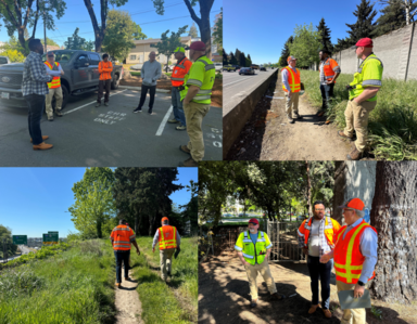 multiple photos of rep nelson speaking with ODOT and contractors about graffiti cleanup along I5