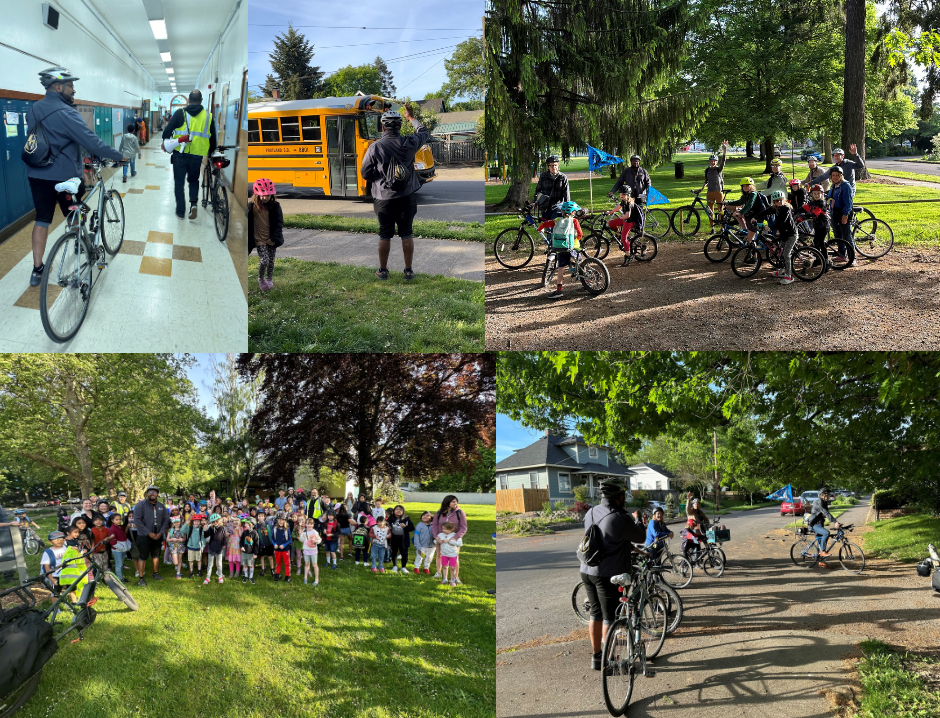 rep nelson with his bike in a large group of students, meeting with kiddos and walking his bike through the school hallway.