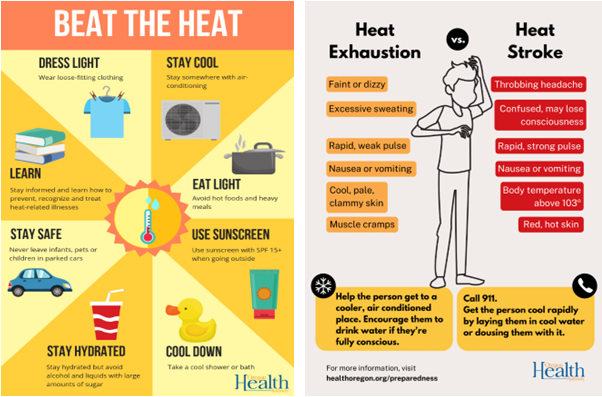 Two graphics from the Oregon Health Authority that descibe various ways to both recognize heat exhaustion and heat stroke and ways to beat the heat.