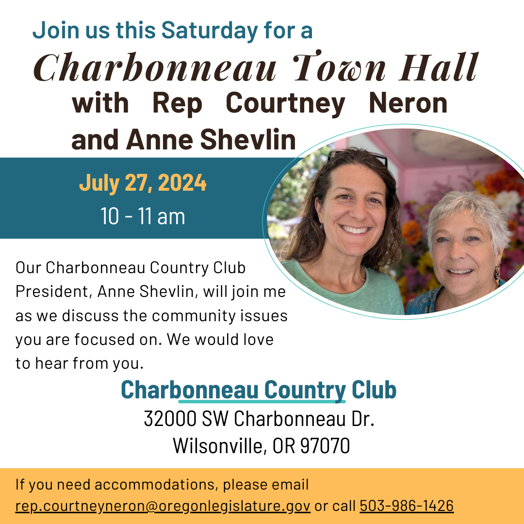 Graphic showing Rep Neron and Anne Shevlin advertising a town hall meeting Saturday, July 27th, 2024.