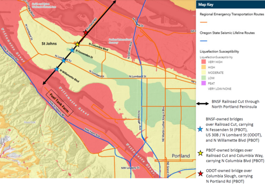 Map of liquefaction zone and emergency routes out of st johns. bridges that need updates are starred 