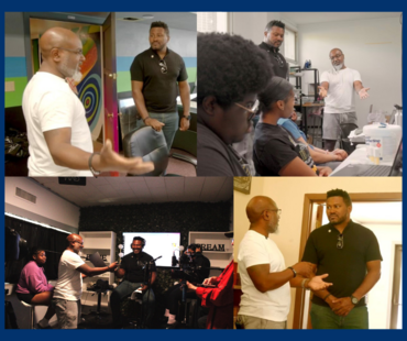 Four images of Rep Nelson with Herman Greene at his camp lit visit.