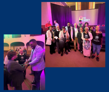 two images of Rep Nelson with AARP members including large group photo with other legislators