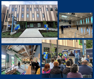 four photos of the hayu alqi uyxat PPS center including the gym, outside, crowd listening to ceremony and childcare center