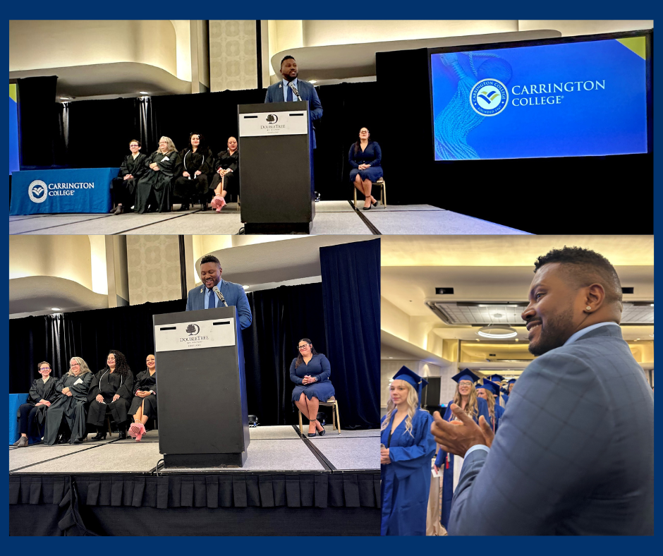 three photos of Rep nelson at podium and clapping for entering graduates