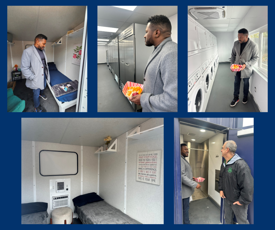 4 images of Rep Nelson inside pods, the kitchen, bathroom and laundry. One of inside of pod with bed and wall decorations