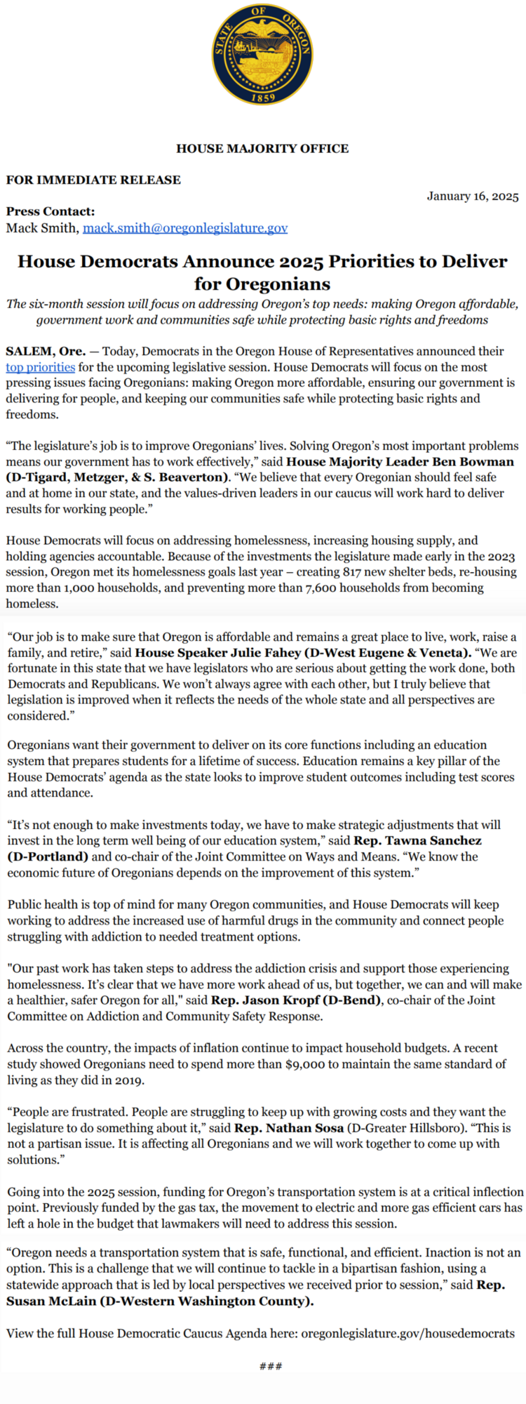 Caucus agenda press release