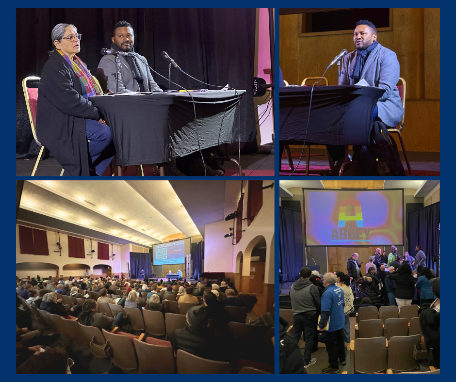 four images of REp Nelson at town hall. audience view and close ups of him and rep sanchez