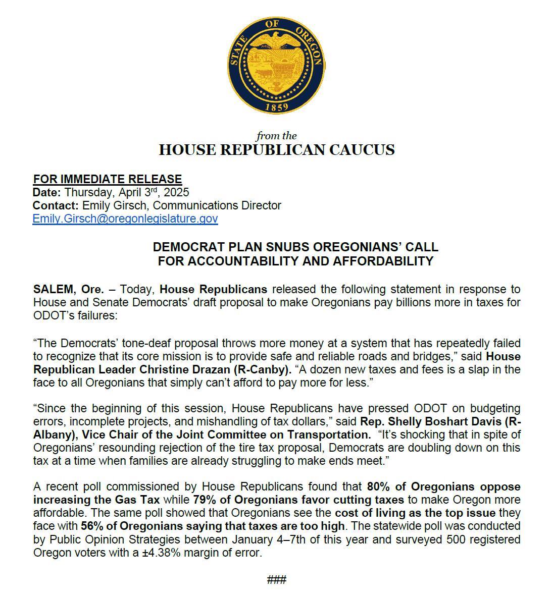 Transportation Tax Press Release by House Republicans