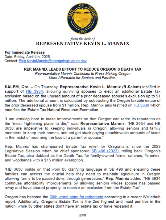 Estate Tax press release