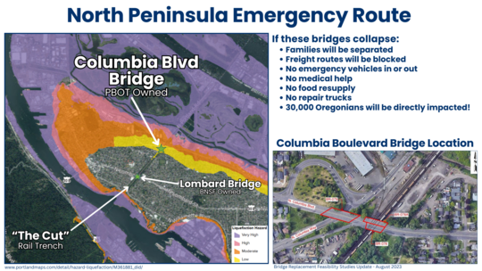 Map of the liquefaction zones in north portland and bridge locations