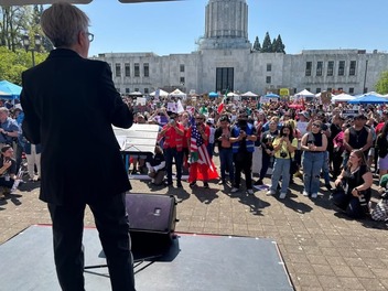 Tina Kotek speaking to May Day rally