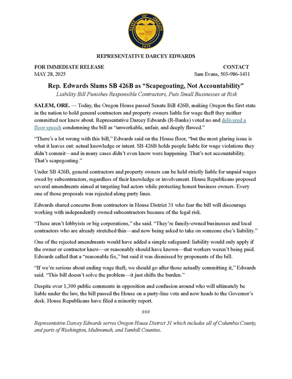 Rep. Edwards Slams SB 426B as “Scapegoating, Not Accountability”