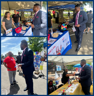 rep nelson at booth for child appointed advocates, SEIU and talking to someone from Urban League