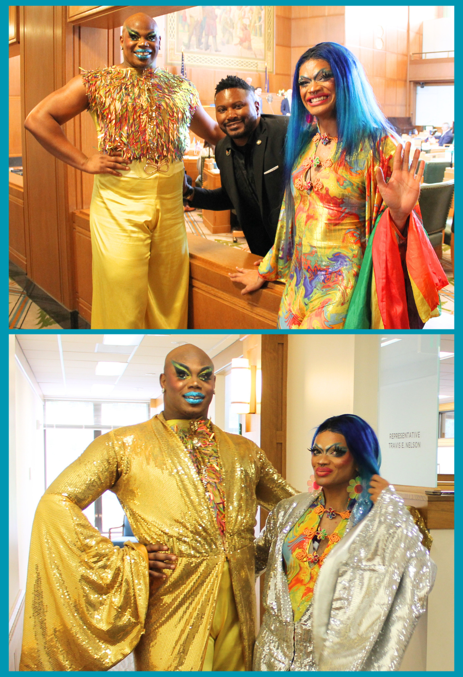 Rep Nelson with the two Drag Queens and them in from of his office