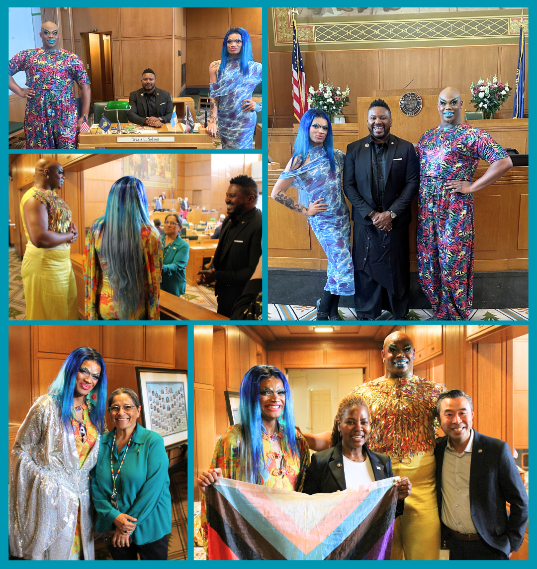 drag queens with rep Nelson at his desk and with other members