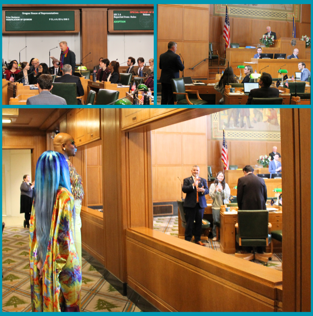 two members speaking on the floor in support of HR 3. Two Drag Queens standing as the bill passes