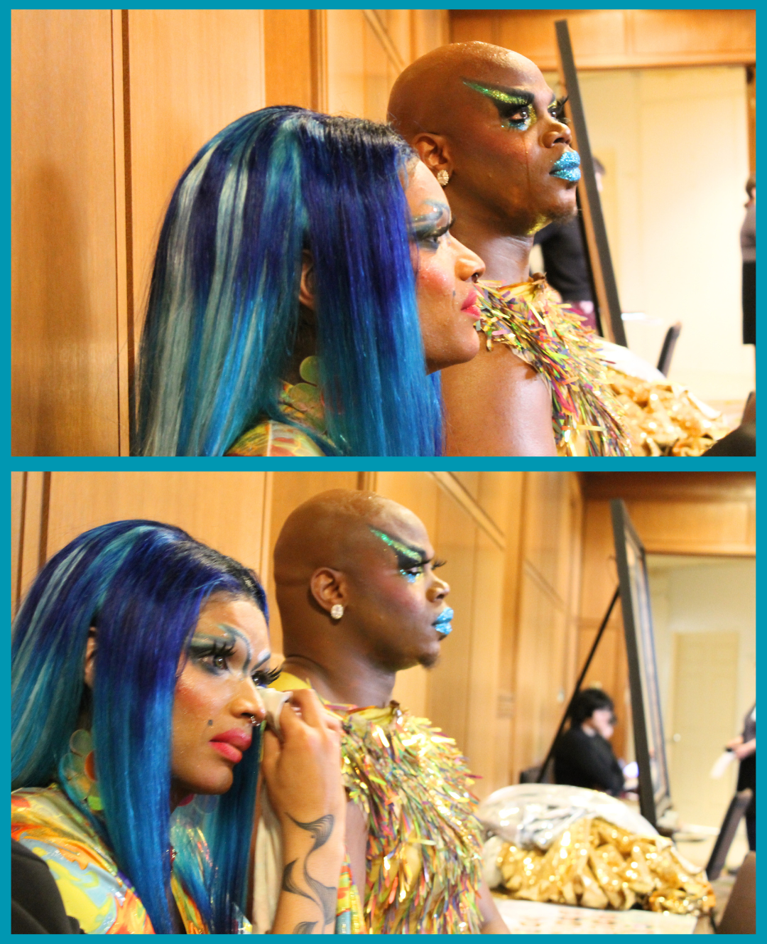 two images of the Drag Queens reacting to the resolution with tears