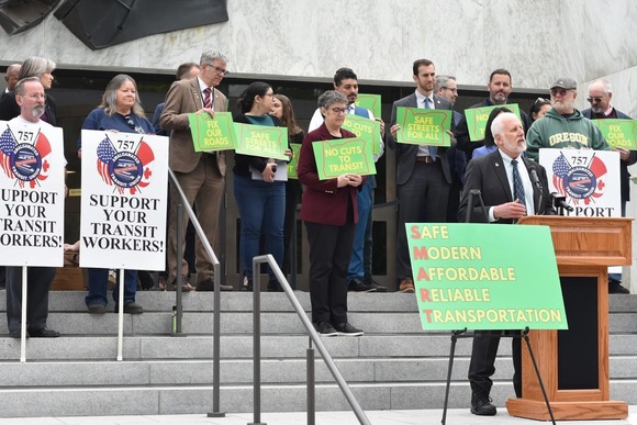 Rep. Chaichi and Democratic legislators on capitol steps for SMART transit funding 