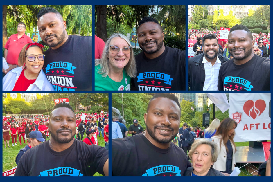 Varias fotos del representante Nelson con personas en una manifestación a favor de las enfermeras.