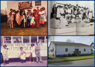 vintage photos of church attendees and image of the church