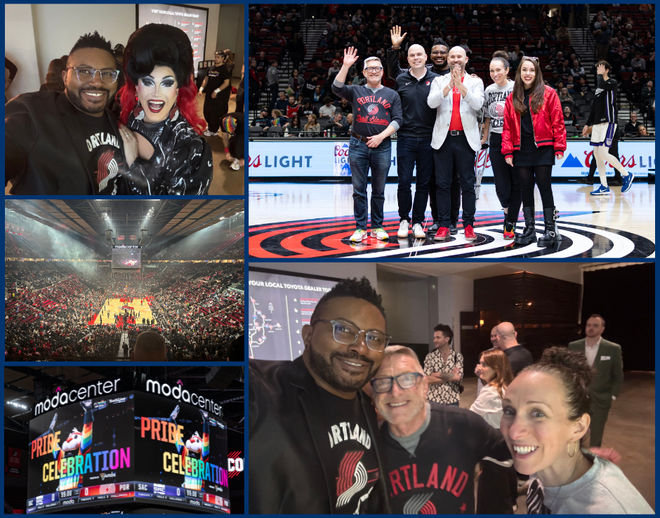 rep nelson at blazer's game with other LGBTQ elected officials and performers. image of court and pride night on screen