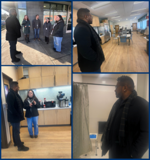 rep nelson inside and outside of the mult co homeless day center. one image in the shower area