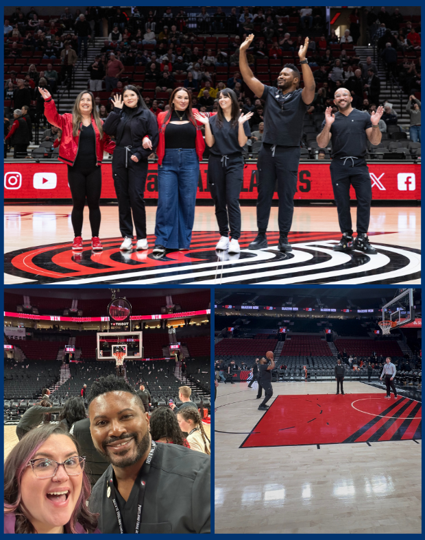 Rep Nelson with group of nurse on blazer's court, photo of rep nelson with staff on court and him shooting a freethrow