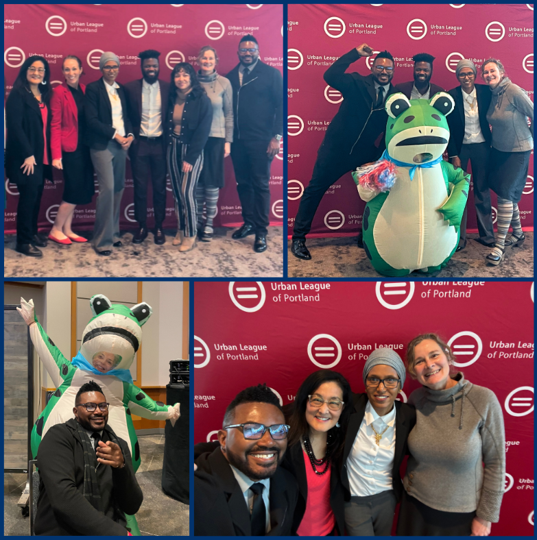 Rep Nelson with the portland frog, with other BIPOC elected with Urban League banner behind them