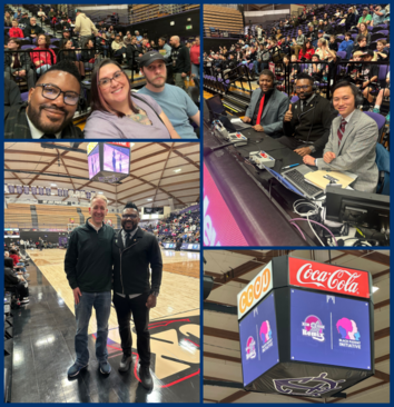 Rep Nelson with staff next to the basketball court, him at the announcers table and him with SoS Tabias Reed