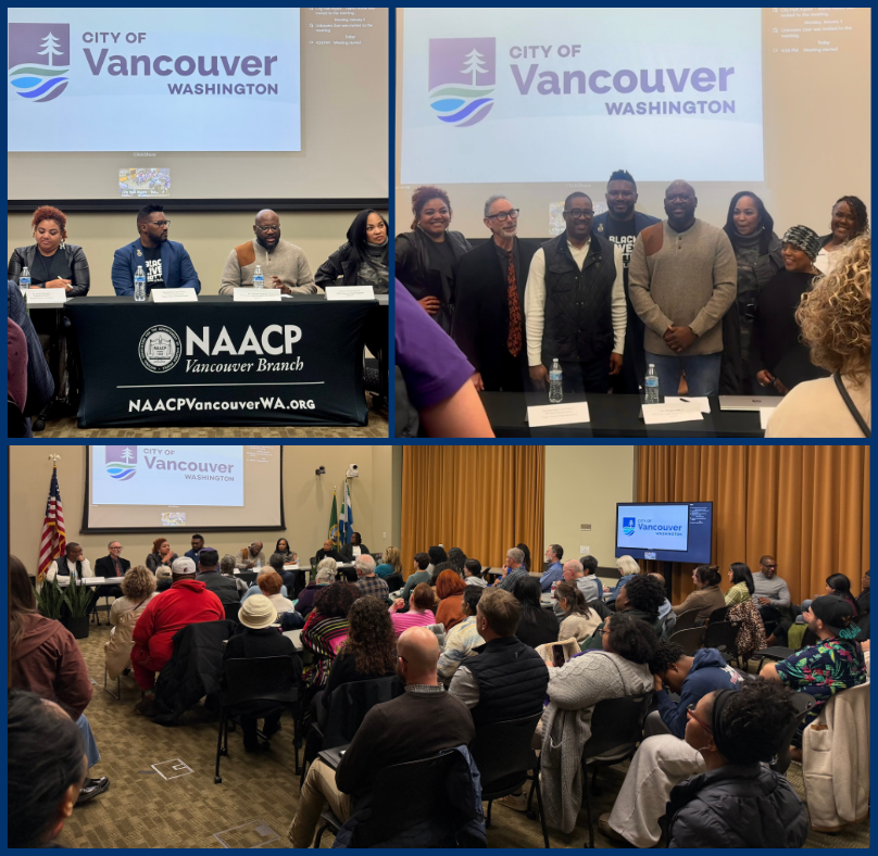 Rep Nelson on a panel with other Black leaders with city of vancouver logo behind them. photo of crowd watching