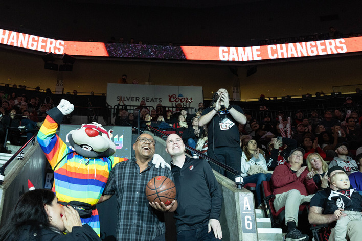 Rep. Bowman in the Blazers Stands with Blaze the Trail Cat