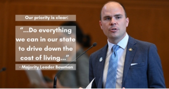 Graphic of Rep. Bowman. Text summary: We must do what we can to drive down cost of living
