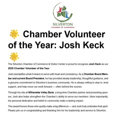 Silverton Chamber Volunterr of the Year Announcement