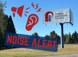 PIR sign with noise alert text and image of a megaphone and an ear with noise swiggles