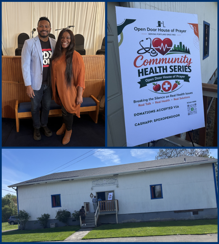 Image of outside of older church and Rep Nelson with pastor of church. Info from sign in text