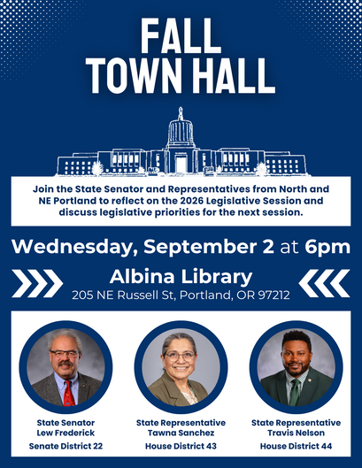 town hall flyers: Wednesday September 2nd at 6pm at the Albina Library