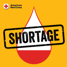 A blood drop that is only partially filled with the word shortage over it. Click to donate blood