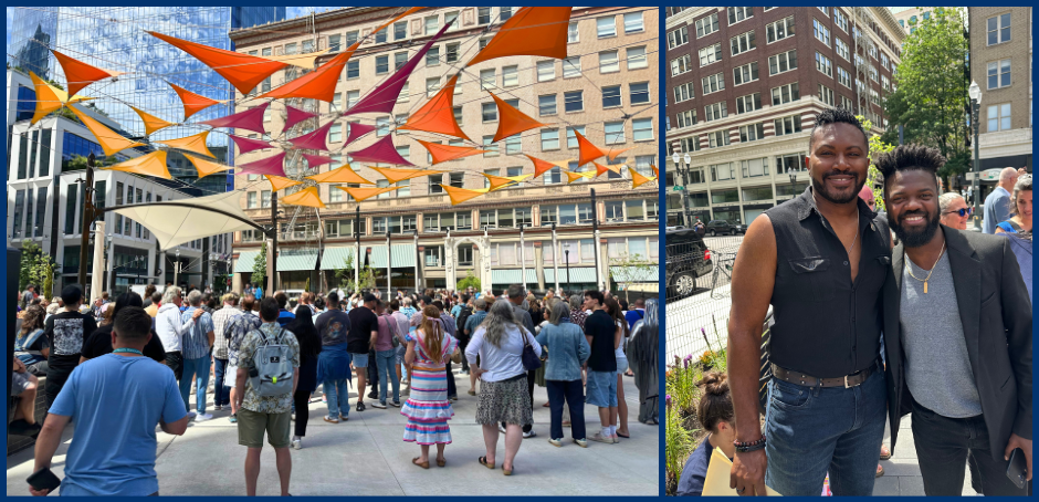 Rep Nelson and Rep wise at the event. Image of crowd with colorful flags above