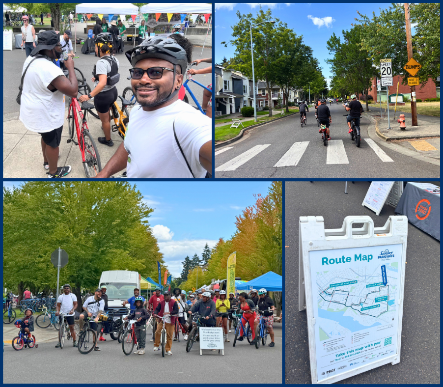 rep nelson on a bike with others on bikes and a sign of the bike route